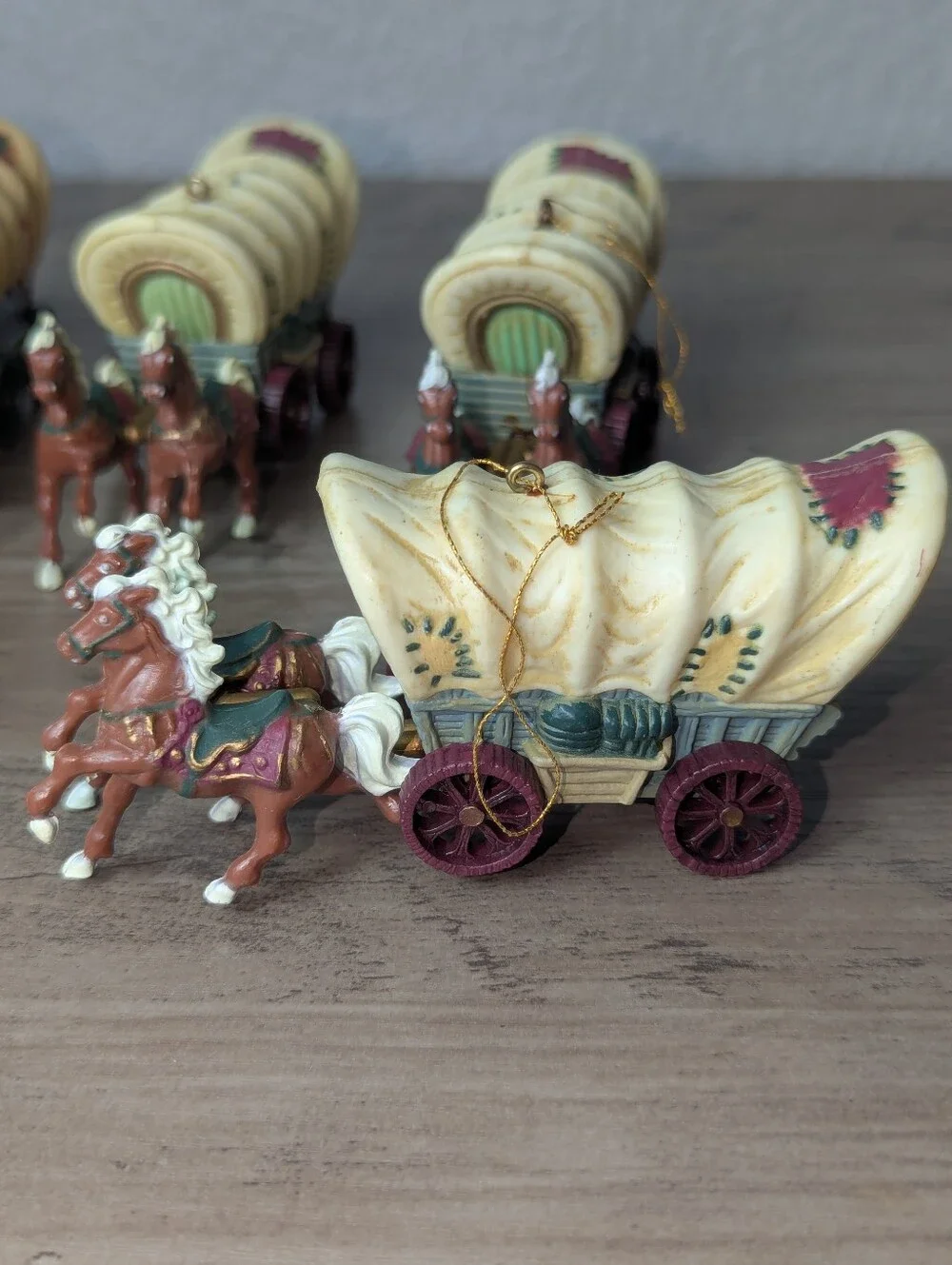 Western Covered Wagon Christmas Ornaments Hard Plastic Set of 6 Vintage